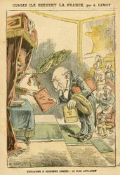 Illustrazione di Achille Lemot (1846-1909) in Le Pelerin, 31/01/04 - Come servono la Francia - Germania Prussia, Religione Fede, Bloc des Left, Patriottismo, Cattolicesimo - Sfratti dei religiosi - Combes Emile (1835-1921), Guglielmo II, Delsor Nicolas (18