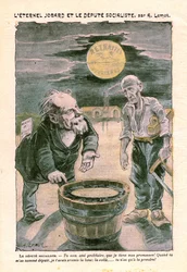 Deputato socialista promette la luna (pensione) a un povero proletario (falegname), in Le Pelerin, settimanale cattolico N°1391 del 30 agosto 1903 di A. Lemot (disegno)