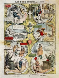 Le due scuole: caricatura sulle differenze tra la scuola confessionale e la scuola laica - di Lemot, in "Le Pelerin" del 04/04/1909