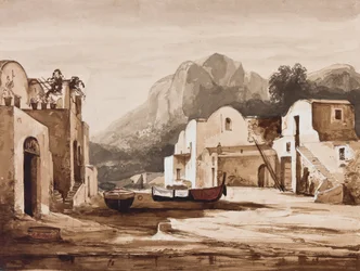 Villaggio costiero napoletano, possibilmente Capri con Monte Solaro, con aggiunte del Principe Alfonso Maria di Borbone