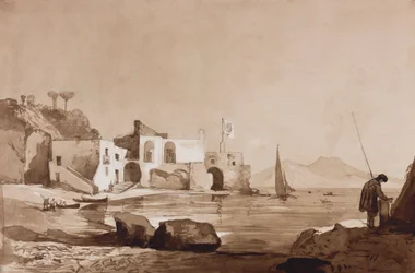 Porto con bandiera Borbone e Vesuvio a sud, con aggiunte di un allievo Borbone