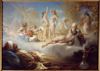 Il sogno del credente. Un musulmano addormentato dopo aver fumato il narghilè sogna ballerine orientali. Dipinto di Achille Zo (1826-1901) XIX secolo