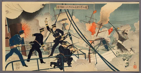 Kabayama, il capo di stato maggiore della marina, attacca le navi nemiche a bordo del Saikyomaru (Kabayama gunreibucho Saikyomaru o motte tekikan ni ataru)