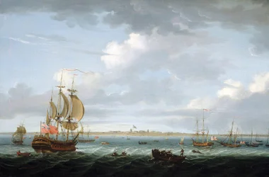 Navigazione al largo della costa di Madras, con una descrizione del porto e della città e la bandiera britannica che sventola su Fort Saint George