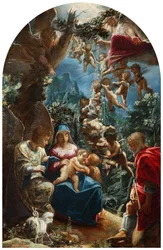 Italiano: Sacra famiglia con san Giovannino e un angelo La Sacra Famiglia con il bambino Giovanni Battista e gli angeli