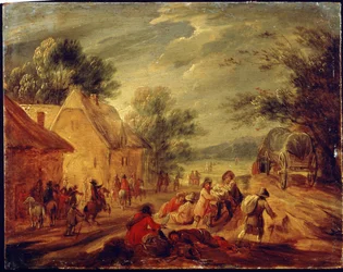 Cavalieri che attaccano un villaggio. Dipinto di Adam Frans van der Meulen (1632-1690). Olio su legno. Arte fiamminga, stile barocco. Museo delle Belle Arti Puskin, Mosca.