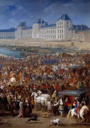 Corte e bastardi. Dettaglio a destra di Luigi XIV (1638-1715) che attraversa il Pont Neuf nella sua carrozza. Dipinto di Adam François Van Der Meulen (1632-1690)