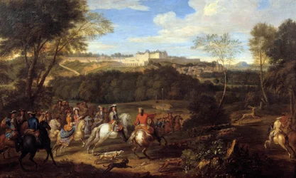 Re Luigi XIV (1638-1715) e la corte a caccia in vista del castello di Meudon