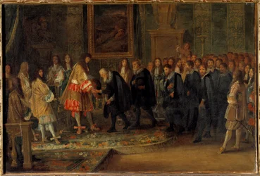 Il re Luigi XIV riceve gli ambasciatori svizzeri al Louvre