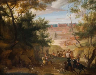 Veduta di Versailles con Luigi XIV e cacciatori