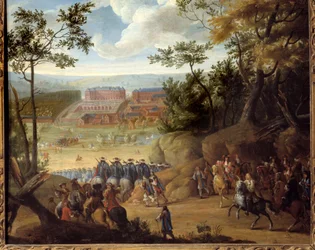Veduta di Versailles nel 1664 con il Re di Francia Luigi XIV e una compagnia di Moschettieri