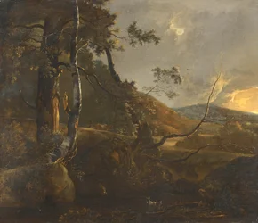 Paesaggio boscoso con un pastore su un sentiero e una capra solitaria