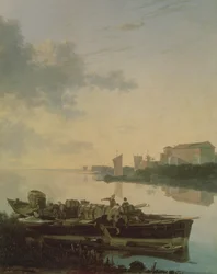 Una chiatta di legno sul fiume al tramonto