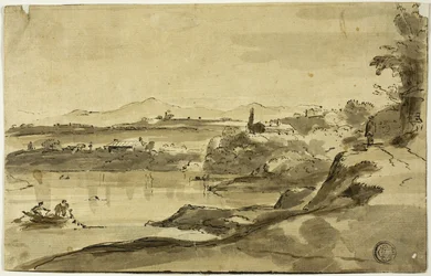 Paesaggio con pescatore nel lago