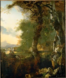 Paesaggio con alberi e pastori (olio su tela)