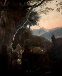 Paesaggio montuoso con contadini, mucche e capre