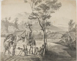 Cavalieri e cani in un paesaggio roccioso