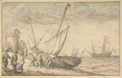 Pescatori che tirano la loro barca a riva