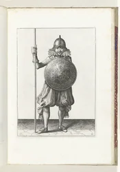 Esercizio con scudo e lancia: il soldato riporta la lancia in posizione di riposo in tre tempi, terzo movimento (n. 12), 1618