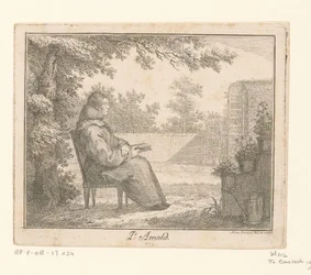 Ritratto di Arnoldus a Sancta Clara con un libro in un giardino