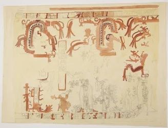 Design da un vaso Belize (ex Honduras Britannico) Design include figure umane e serpenti piumati