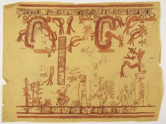 Design da un vaso Belize (ex Honduras Britannico) Design include figure umane e serpenti piumati