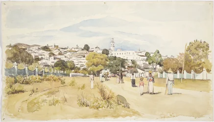 Uomini, donne e bambini che camminano lungo una strada con un villaggio sullo sfondo, Jalapa (Xalapa) Veracruz, Messico