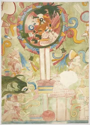Dipinto che raffigura parte del pannello meridionale della parete ovest, Tempio Superiore dei Giaguari, Chichen Itza, Messico
