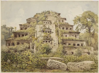 Dipinto di tempio in rovina (Piramide delle Nicchie) a El Tajin, Papantla, Messico