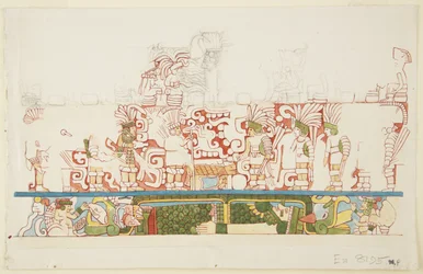 Rilievo in pietra dal centro del Muro Nord, Edificio Nord C, Campo da gioco, Chichen Itza, Messico (acquerello)