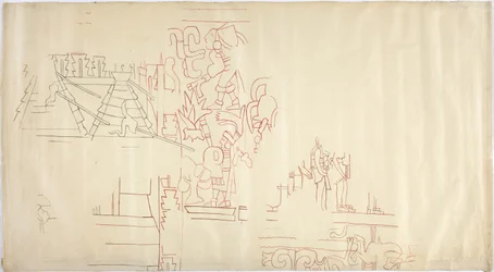 Tracciato di un dipinto murale dalla Casa delle Monache, Chichen Itza, Messico, tracciato e inchiostrato in nero e rosso