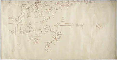 Tracciato di un dipinto murale dalla Casa delle Monache, Chichen Itza, Messico, volta nella grande camera