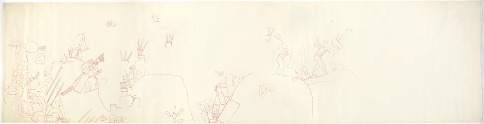 Tracciato di un dipinto murale dalla parete est, Tempio Superiore dei Giaguari, Chichen Itza, Messico