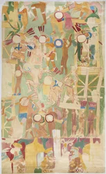 Ricalco di una pittura murale dalla parete sud, camera interna, Tempio Superiore dei Giaguari, Grande Campo da Gioco a Chichen Itza, Messico