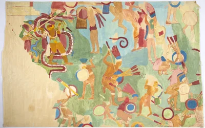 Ricalco di una pittura murale dalla camera interna, Tempio Superiore dei Giaguari, parete sud, Grande Campo da Gioco, Chichen Itza, Messico