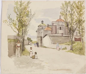 Vista di una strada del villaggio con donne e bambini - Puebla (?), Messico