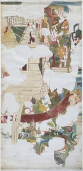 Acquerello su carta tipo lino, tracciato di un murale da una volta in una grande camera alla Casa delle Monache, Chichen Itza, Messico