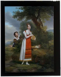 Signora con una gabbia per uccelli sorpresa da un uomo, una caccia al cervo oltre