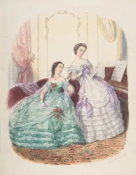 Studio di moda: due donne in abito da sera, ca. 1860