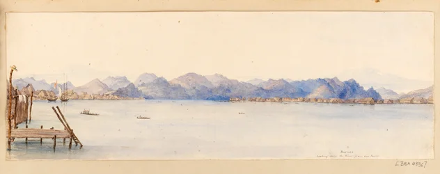 Borneo: Vista del fiume dalla nostra casa dal taccuino delle Indie Occidentali, Nord America e Borneo, c.1845