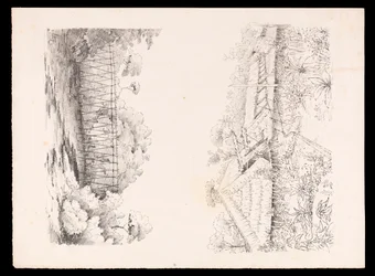 Villaggio della tribù Stang, Sarawak, Borneo; e un ponte di pali su un fiume dal West Indies, North American e Borneo scrapbook, c.1845