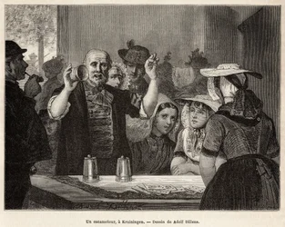 Un ritrattista, in una locanda a Kruiningen, si esibisce davanti a spettatori attenti, inciso dal disegno di Adolf Dillens, illustrando un viaggio in Zelanda (Paesi Bassi), nel 1873, di Charles de Coster, pubblicato in 