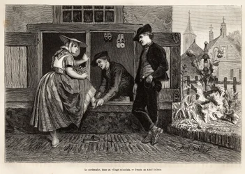 Un calzolaio in un villaggio zelandese, fa provare una scarpa a una giovane donna accompagnata da un giovane uomo, incisione dopo il disegno di Adolf Dillens, illustrando un viaggio in Zelanda (Paesi Bassi), nel 1873, di Charles de Coster, pubblicato in 