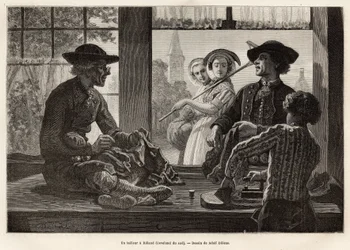 Un sarto e il suo apprendista, che lavorano sul bordo della finestra per godere della luce e dello spettacolo dei passanti della strada, a Rilland (South Beveland), incisione dal disegno di Adolf Dillens, che illustra un viaggio a Zelanda (Paesi Bassi), i