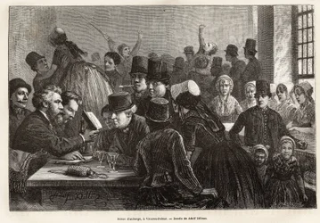 Scena di locanda, a Vrouwe-Polder (Vrouwe Polder), incisione dal disegno di Adolf Dillens, illustrando un viaggio a Zelanda (Paesi Bassi), nel 1873, di Charles de Coster, pubblicato in "Le tour du monde" 1874, a cura di Edouard Charton, edizione Hache