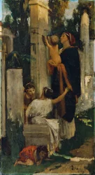 Scena di cimitero antico (Donna con bambini che decorano una tomba)