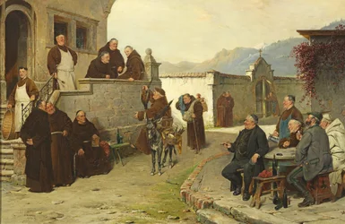 Tedesco: Arrivo dei monaci mendicanti al monastero (cortile)