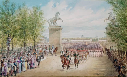 Lo zar Alessandro I sugli Champs Elysees con il suo esercito a Parigi nel 1814