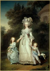 Ritratto in piedi della Regina di Francia Maria Antonietta (1754-1793) con Maria Teresa o Madame Royale (1778-1851) e il primo Delfino Luigi Giuseppe Saverio Francesco o Luigi di Francia (1781-1789) che passeggiano nei giardini del Trianon
