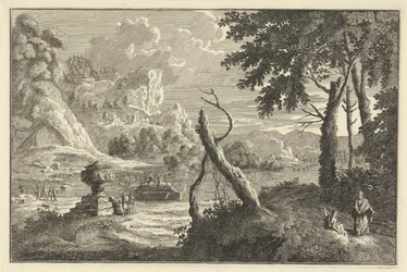 Paesaggio fluviale arcadico con albero spezzato